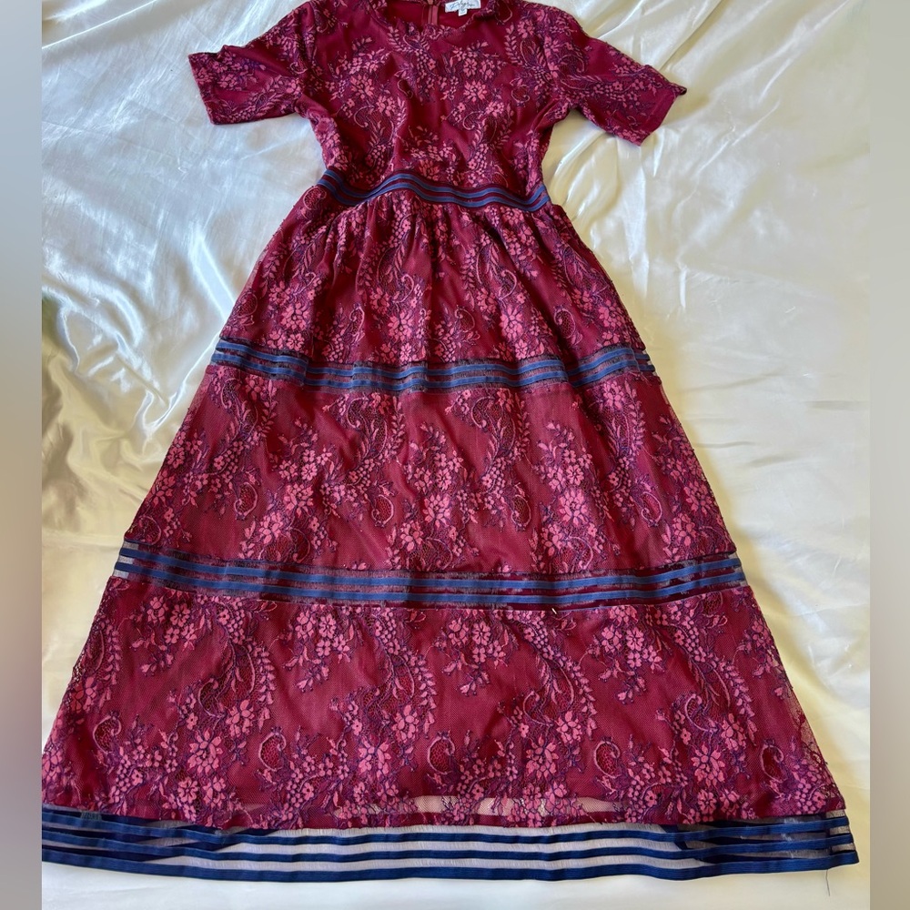 Polagram Pink Lace Dress with Blue Accents